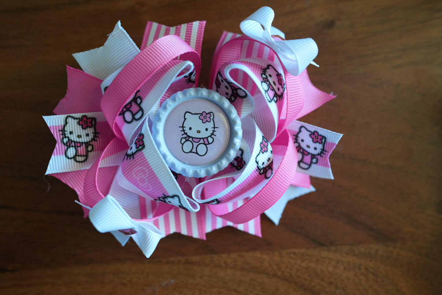 Kitty cartoon boutique hair bow pink stripes