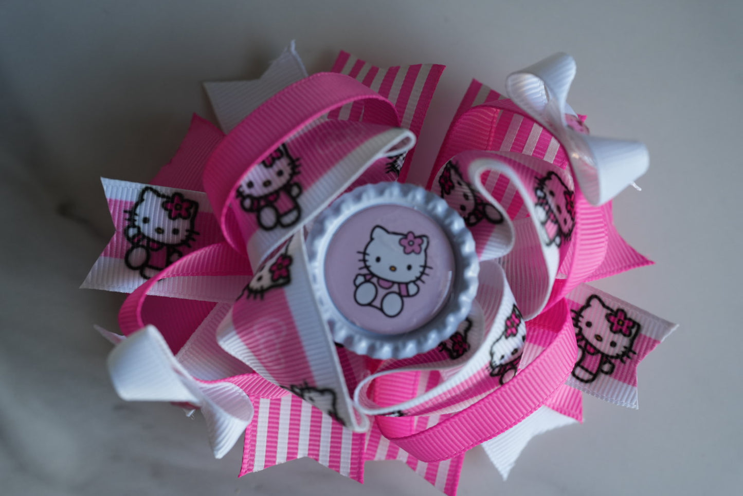 Kitty cartoon boutique hair bow pink stripes