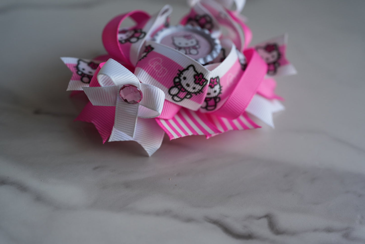 Kitty cartoon boutique hair bow pink stripes