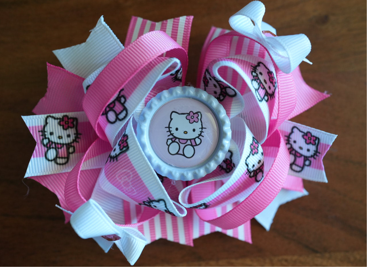 Kitty cartoon boutique hair bow pink stripes